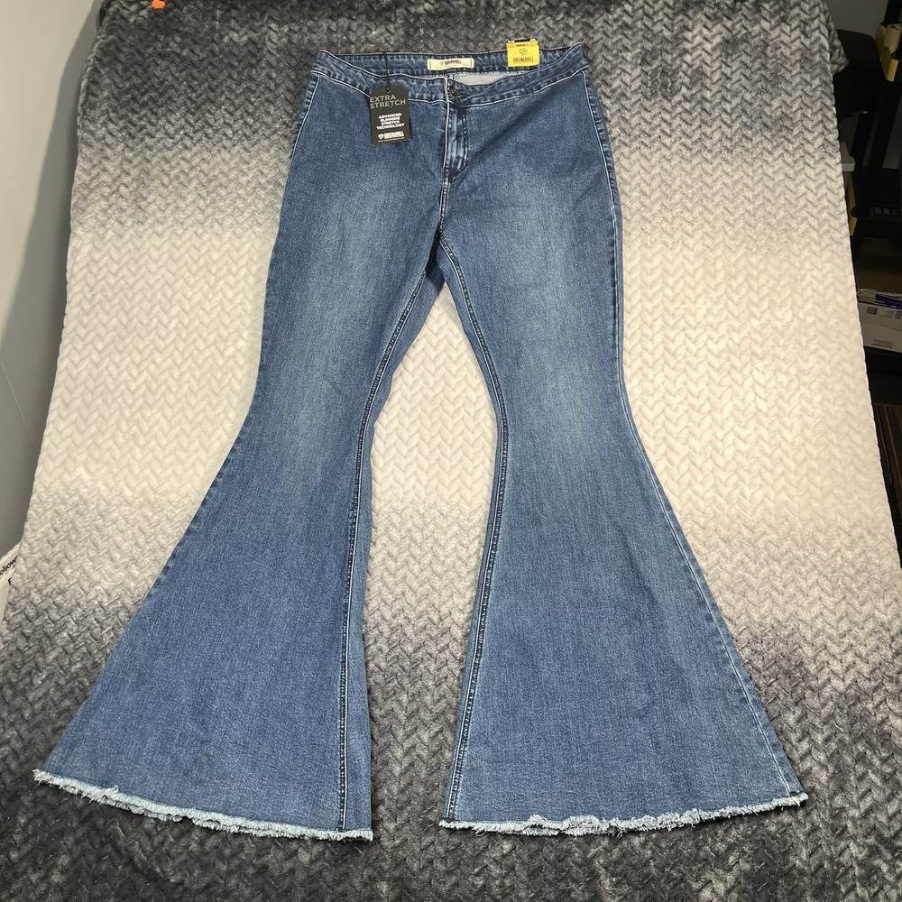 Rock & Roll Denim High Rise Raw Hem Bargain Button Bell Bottom Women 36x36 NWT